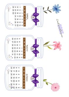 two mason jars with flowers in them and a calendar on the front one has a purple ribbon