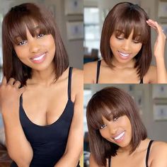 Short Bob Wig With Bangs Brazilian Glueless Straight Human Hair Wigs For Women | eBay Dark Brown Balayage, Straight Bob Wig, Straight Bob Hairstyles, Bob Wig With Bangs, Bangs Straight, Brazilian Straight Hair, Human Hair Color, Brown Balayage