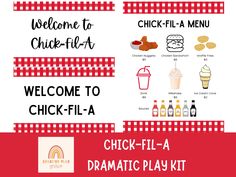 the welcome to chick - fil - a dramatic play kit is shown in red and white