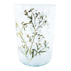 a glass vase with flowers painted on it