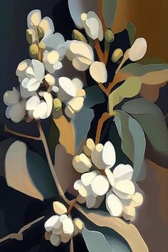 a painting of some white flowers on a branch