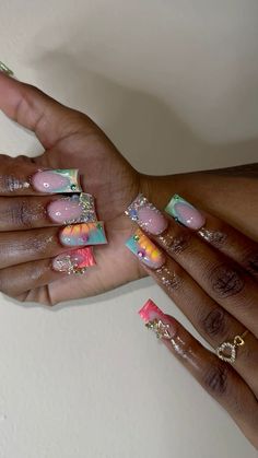 Acrylic Nail Birthday Set, Cute Nail Charm Designs, Nails Ideas For Back To School, Badazled Nails, Medium Length Freestyle Nails, Easter Nails Black Women, 90’s Acrylic Nails, Spring Freestyle Nails, Junk Yard Nails