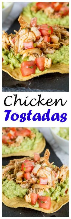 chicken tostadas with avocado and tomatoes on top, served in tortilla shells