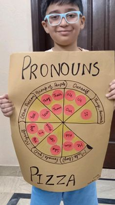 a young boy holding up a sign that says pronouns pizza