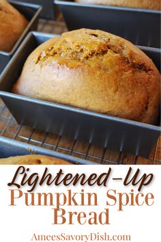 baked pumpkin spice bread in pans with text overlay