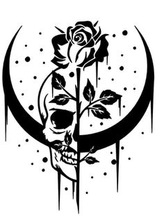 a black and white drawing of a skull with a rose on it