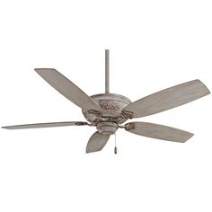 a ceiling fan that is on top of a white wall with two light bulbs and three blades