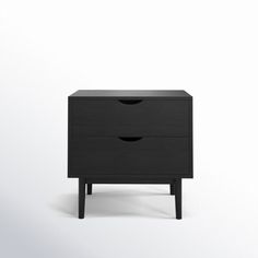 a black dresser with two drawers on top and one drawer in the middle, against a white background