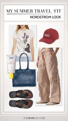 Summer outfit inspo, travel outfit, airport outfit, Nordstrom, graphic tee, baseball hat, cargo pants, flip flops, woven tote bag, supergoop SPF | #TheMomEditStyle #SummerOutfit #SummerStyle #OutfitInspo #TravelOutfit #TravelStyle #Nordstrom #NordstromOutfit Woven Tote Bag, Baseball Hat