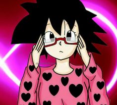 an anime character with heart shaped glasses covering her eyes and holding his hands to his ears