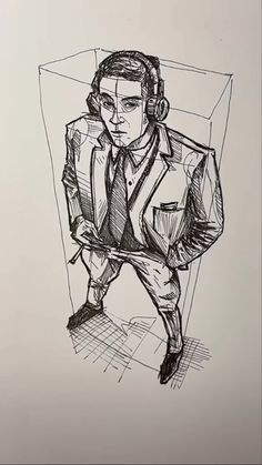 a drawing of a man with headphones on his ears, in a suit and tie