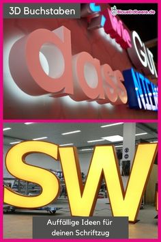 three different logos are shown on the wall and in the background, there is a pink sign that says sw