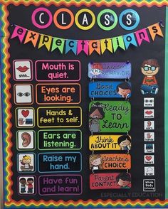 a classroom bulletin board with the words class and other things on it, including an image of