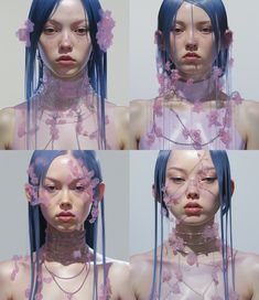 four different images of a woman with blue hair and pink flowers on her head, wearing multiple necklaces