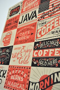 a poster with different types of coffee related items on it, including words and phrases