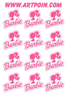 some pink and white stickers with the words barbie, barbie's logo on them