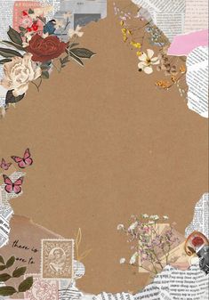 an altered collage with flowers, butterflies and old papers on it's edges