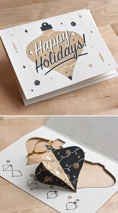 two different greeting cards with the words happy holidays written in gold and black on them