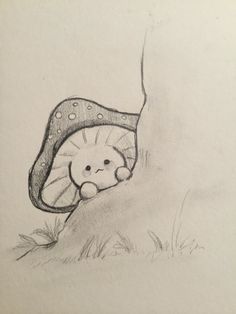 a pencil drawing of a mushroom with a teddy bear in it