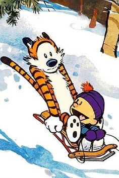 an image of a cartoon character riding on a sled with a tiger in the snow