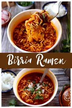 two bowls filled with different types of food and the words birria ramen above them