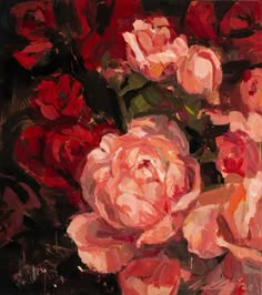 an oil painting of pink roses in a vase