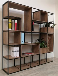 a bookshelf with many shelves and plants on top of it in an office