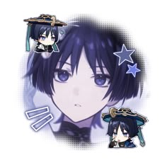 an anime character with black hair and blue eyes