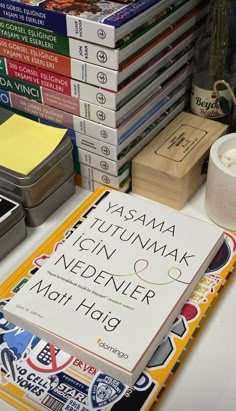 a stack of books sitting on top of a table