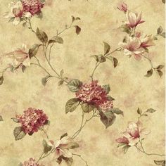 an old fashioned wallpaper with pink flowers and green leaves on it's side