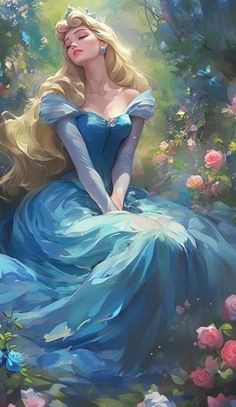 a painting of a woman in a blue dress sitting on the ground surrounded by flowers