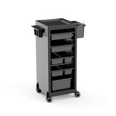 a black and white cart with drawers on wheels