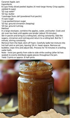 the recipe for caramel apple jam in a jar