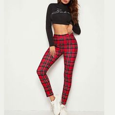 Comfortable Red Plaid Pants Size Guide Located In Picture Gallery Trendy Non-stretch Red Leggings, Trendy Red Non-stretch Leggings, Stretch Plaid Bottoms For Fall, Trendy Plaid Bottoms For Winter, Trendy Plaid Winter Bottoms, Casual Red Bottoms For Winter, Trendy High Waist Red Leggings, Red Casual Winter Bottoms, Trendy Red High-waisted Leggings