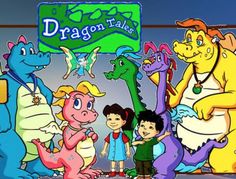 children standing in front of a dragon talk sign with cartoon characters around it and the words,