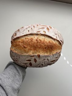 a loaf of bread being held up by a person's hand in front of a white background