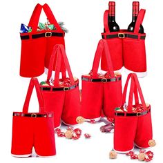 six red bags with wine bottles in them and decorations on the bottom one is for christmas