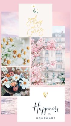 the words happiness are written in gold and white on top of pink background with flowers