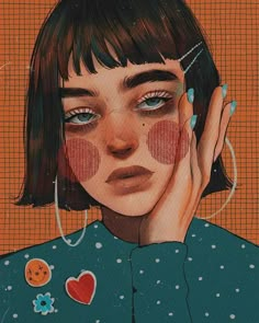 a painting of a woman with her hand on her face and the background is orange