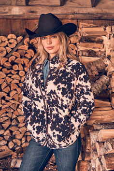 Bundle up in style in the Wrangler Cowhide Sherpa Jacket. Crafted from a soft sherpa fabric, the jacket features a trending cowhide print that is guaranteed to make any outfit pop. Pair with your favorite denim and cowgirl hat for a Western-inspired look perfect for fall. Wrangler Women, Cowhide Print, Sherpa Fabric, Cowgirl Hat, Cowgirl Hats, Sherpa Jacket, Jackets For Women