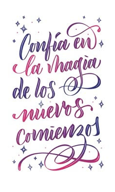 the words in spanish are written on white paper with blue and pink stars around it