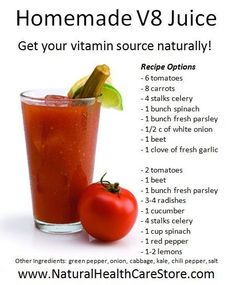 a recipe for homemade v - juice with tomatoes and celery on the side