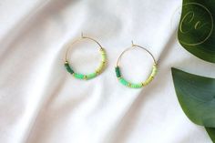 Gift Heishi Beads Round Hoop Earrings, Gift Round Heishi Beads Hoop Earrings, Nickel-free Heishi Bead Hoop Earrings, Green Hoop Earrings With Tiny Beads, Heishi Bead Hoop Earrings, Green Beaded Hoop Earrings, Heishi Earrings, Hoop Beaded Earrings, Earrings Gold Hoop