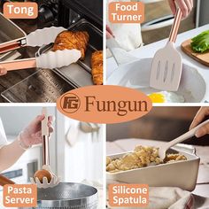 four pictures showing different types of utensils in various positions, including spoons and spatulas