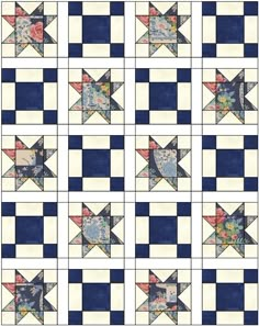 an image of a blue and white quilt with many different designs on the side, including stars