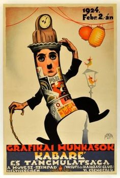 an old poster with a man wearing a hat and holding a clock on his head