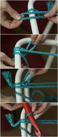 two pictures showing how to tie the ends of an object with yarn and scissors in it