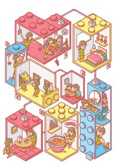 an illustrated image of people playing with legos in their homes, including children's toys