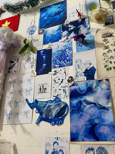 several blue and white cards are arranged on a table