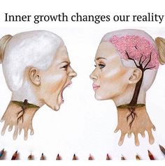 two women with their mouths open in front of the caption that says inner growth changes our reality